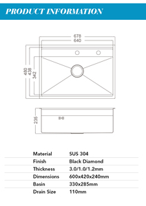 <span class=keywords><strong>Lavello</strong></span> da <span class=keywords><strong>Cucina</strong></span> Moderno in Acciaio Inox Fatto a Mano, Nero PVD, Montaggio Superiore Invisibile, Vasca Singola <span class=keywords><strong>Salvaspazio</strong></span>, per Caffetteria o Mini Bar - Product Image 6