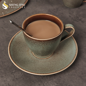 Shengjing stile retrò manico maculato ceramica gres Taza <span class=keywords><strong>Con</strong></span> Bandeja tazza da caffè e Set di piattini rotondi - Product Image 3