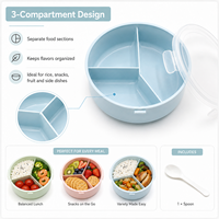Boîte à lunch ronde en plastique PP de 890 ml, vente en gros OEM, avec 3 compartiments, couvercle transparent et cuillère, pour l'école, le bureau, les pique-niques