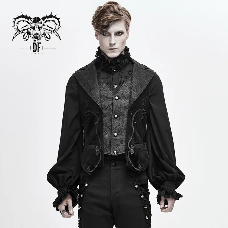 WT049 noble floral patterned leather embroidery black gothic party men suit velvet waistcoats