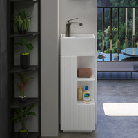Lavabo sur colonne carré autoportant style influenceur, à bords fins, en pierre artificielle, pour salle de bain minimaliste style hôtel