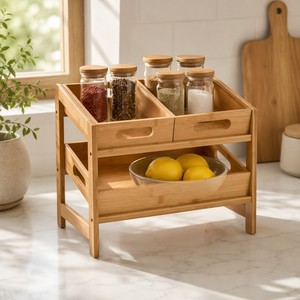 Organisateur de cuisine en bambou personnalisable à 2 niveaux, station de comptoir avec ensemble de 3 plateaux amovibles pour la cuisine - Product Image 2