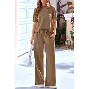 Women's 2 Piece Set <b>Summer</b> Casual Sweatsuit Wide Leg <b>Pants</b> Matching Lounge Outfit Breathable O-Neck Short Sleeve Knitted Set - Product Image 6