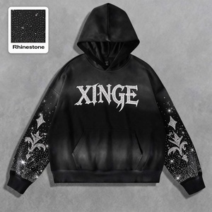 Sweat à capuche zippé pour homme en tissu French Terry, avec logo imprimé personnalisé en strass, 100% coton, poids lourd 500 g/m², coupe oversize, effet délavé à l'acide. - Product Image 3