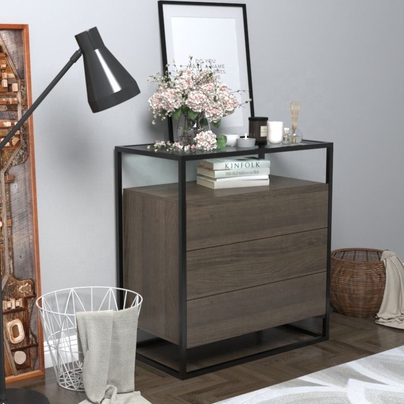 En métal En Verre avec Cadre En bois Côté Table D'appoint avec Tiroir et Étagère
