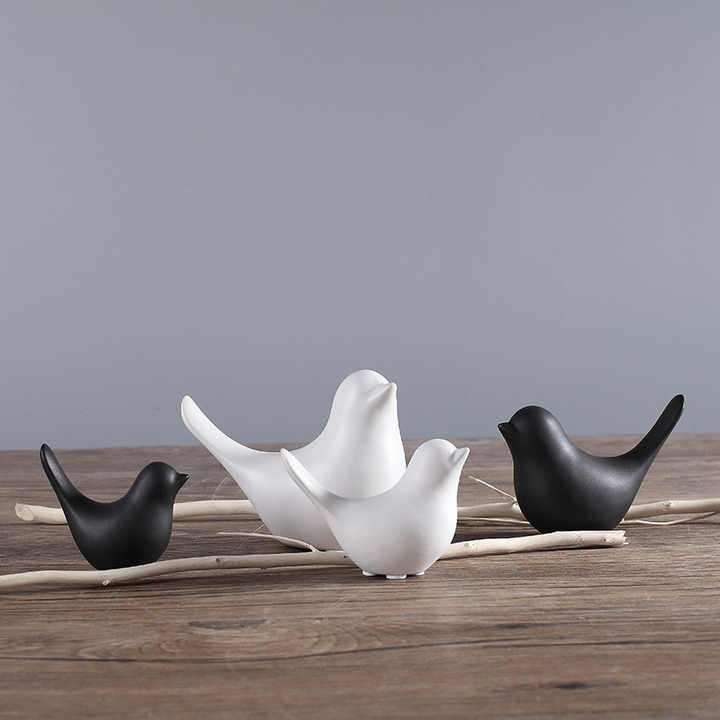 Custom Nordic Small Ornaments Home Decoration Animal Figurines Porcelain Statues Craft Dekoration Black and White Ceramic Bird