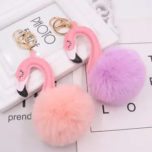 HY kulit PU Flamingo mewah gantungan kunci lucu hairball liontin panjang leher burung tas wanita grosir