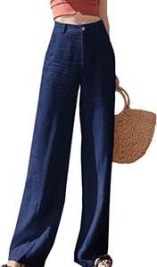 <span class=keywords><strong>Pantalon</strong></span> large décontracté pour femme, en <span class=keywords><strong>lin</strong></span>, taille haute, <span class=keywords><strong>effet</strong></span> amincissant, coupe droite verticale - Product Image 4