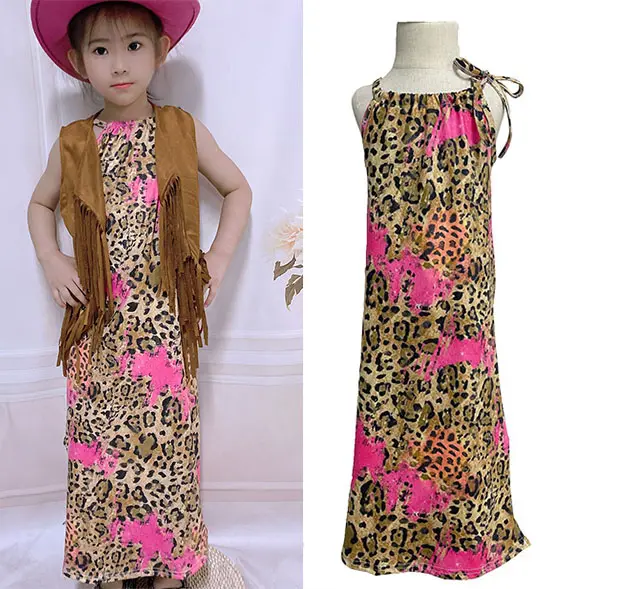 Free Shipping Kids Hot Pink Leopard Brushstrokes Halter Dress Girls Side Slit Dress Baby Brown Cow Print Bases Matching Clothes