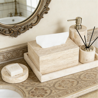 Ensemble d'accessoires de salle de bain en travertin, 5 pièces : distributeur de savon, plateau de toilette, diffuseur d'arômes, boîte à mouchoirs (beige)
