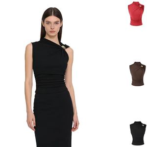 Gilet sans manches asymétrique plissé coupe ajustée couleur unie avec boucle métallique, style européen et américain - Product Image 1