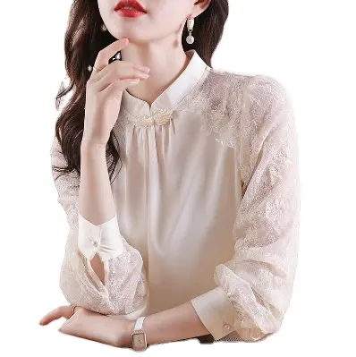 2023 Style Long Sleeve Blouse Female Stand Collar Ladies' Chiffon Shirt Lace Stitching Women's Top