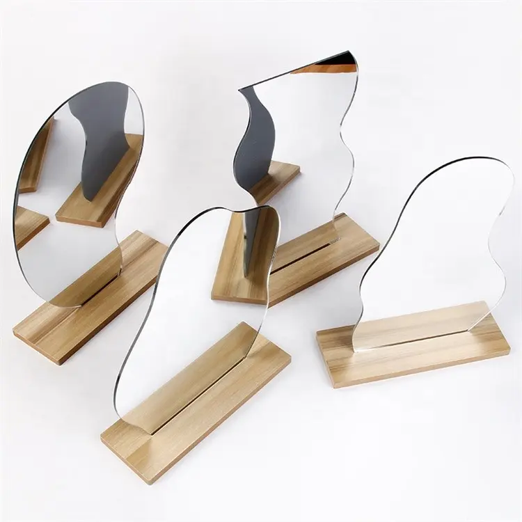 Wooden Base Cosmetic de maquillaje Acrylic Decoration Standing Mirror Home Desktop Makeup Mirror Simple Irregular Mirror