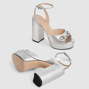 Sandales à talons hauts épais grande taille 45 avec ornements métalliques, bout carré ouvert, pour femmes, idéales pour l'été, coupe large - Product Image 3