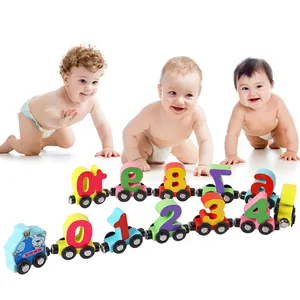 Wholesale baby wooden cartoon dinosaur magnetic alphabet digital assembly and dragging animal train blocks set toy car