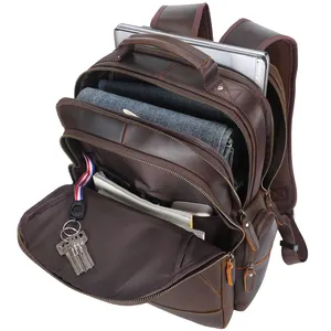 Mochila de couro de cavalo louco genuína de grãos vintage, mochila de couro real para laptop de 15,6 polegadas, novo design
