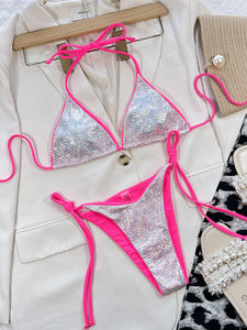 Bikini Sexy a triangolo lucido <span class=keywords><strong>rosa</strong></span> fasciante 2023 <span class=keywords><strong>donna</strong></span> Push up costume da bagno senza schienale costume da bagno estivo da spiaggia - Product Image 2