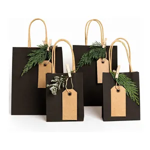 Black Reusable High End Holiday Festival Gifts Packing With Handle Brand Logo Tea Bread Takeaway Beverage Paper Bag