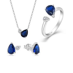 YILUN Juego <span class=keywords><strong>de</strong></span> Joyería <span class=keywords><strong>de</strong></span> Plata <span class=keywords><strong>de</strong></span> Ley 925 con Circonita Azul Corte Pera, Collar, Pendientes y Anillo Ajustable, Accesorios para Novia y Boda - Product Image 1