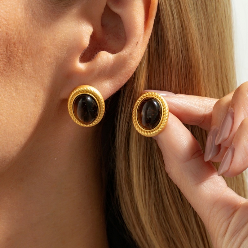 Minimalist Elliptical Tiger Eye Stone Stud