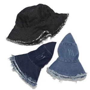 Kırık delikler kovboy balıkçı şapka kadın moda sokak kova şapka toptan Unisex Vintage yıkanmış Denim balıkçılık kova şapka