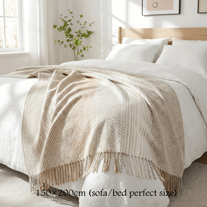 軽量で暖かいヘリンボーン柄のスローブランケット 150x200cm フリンジ付き ベッドやソファ用 - Product Image 2