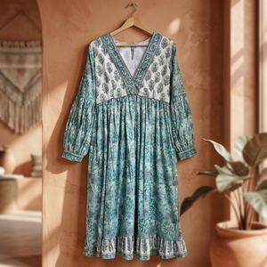 Robe longue bohème faite main en coton imprimé au bloc, multicolore et brodée, style décontracté, idéale pour l'été, fabriquée en Inde - Product Image 3