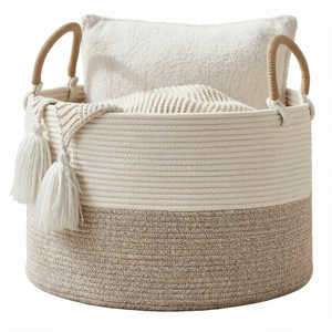 Panier de rangement en corde de coton ovale pliable avec poignées pour chambre de bébé, salle de bain, salon - Product Image 1