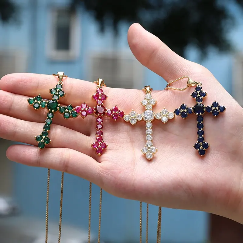 Kalung Salib Zirkon Mewah untuk Wanita, Perhiasan Kalung Liontin Kristal Warna Emas Berkilau Hadiah Persahabatan