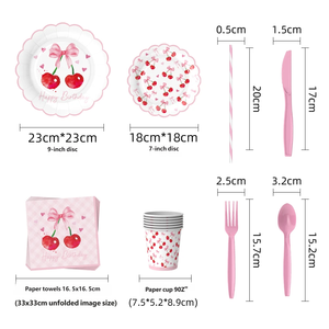 Décorations d'anniversaire cerise, assiettes et serviettes roses à nœud, fournitures de fête pour vaisselle de table sur le thème des fruits cerises - Product Image 2