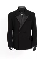 Blazer de smoking croisé personnalisé pour homme, revers en satin, doublure adhésive 100 % polyester, veste de costume formel noire pour mariage