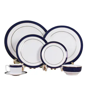 Vente en gros d'assiettes en céramique populaires ensembles d'assiettes en céramique vintage mode ensemble de dîner en porcelaine à bords bleus ensembles de vaisselle occidentale