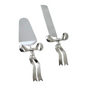 Silver Cake Server Set With <b>Bow</b> Design Polished Metal Wedding Utensils Dishwasher Safe Modern <b>Gifting</b> - Product Image 1