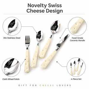 Ensemble de couverts 4 pièces en acier inoxydable 410, argenté et blanc, <span class=keywords><strong>avec</strong></span> manche en céramique en forme de fromage, comprenant <span class=keywords><strong>fourchette</strong></span>, <span class=keywords><strong>cuillère</strong></span>, <span class=keywords><strong>couteau</strong></span> et roue à fromage, finition polie - Product Image 6