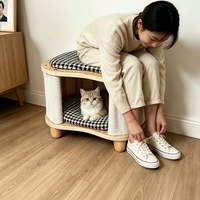 Maison pour chat moderne multifonctionnelle en bois massif courbé avec tapis en rotin rafraîchissant, lit-caverne pour chat d'intérieur toutes saisons