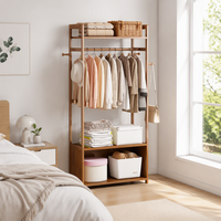 Porte-vêtements autoportant en bambou avec étagères de rangement, penderie ouverte, multifonctionnel et simple pour salon et chambre