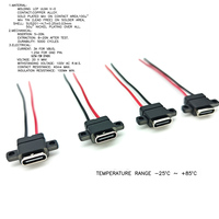 Connecteur femelle Type-C étanche IP60 avec bride de montage, boîtier en cuivre et nylon, courant élevé 3A, 20V, rectangulaire, 180°, pour soudure de câble