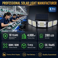 Lampe solaire à détecteur de mouvement 280 LED, projecteur de sécurité à double capteur 5 têtes 180° °   Éclairage grand angle pour cour et garage