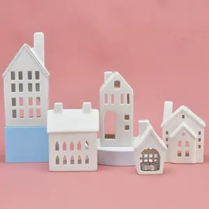White Ceramic Tea Light <strong>Houses</strong> Provincial Home Living Decorative Accessories <strong>Village</strong> Ceramic Tealight Candle Holders - Product Image 1