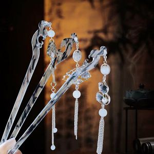 Épingles à cheveux pour femmes, style chinois, en acétate d'encre, type fourchette ou bâtonnet, avec pampilles et breloques en cristal transparent - Product Image 2