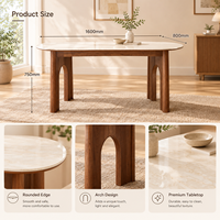 Table à manger ovale moderne en bois massif avec plateau aspect marbre et pieds en arche en bois, écologique