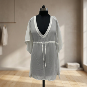<b>White</b> <b>Chiffon</b> Deep V Neck Loose Batwing Sleeve Mini Dress With Drawstring Waist Casual Summer Style - Product Image 3