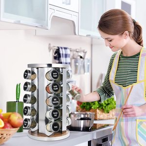 Organizzatore portaspezie rotante per armadietto con etichette per spezie prestampate e imbuto con 20 barattoli di spezie in vetro - Product Image 6