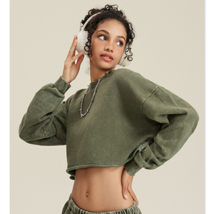 Sudadera Corta de Felpa Francesa Gruesa para Mujer, Teñida en Color Liso, Transpirable, 50% Algodón, 50% Poliéster, Estilo Casual - Product Image 1