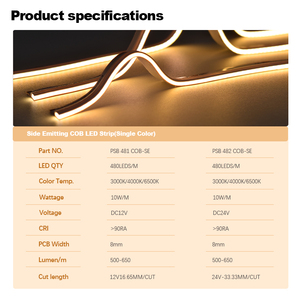 Bande LED COB à émission latérale monocouleur haute densité 480 LED/m, 3000K-6500K, certifiée UL CE pour la décoration intérieure - Product Image 4