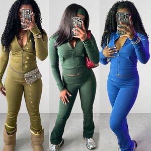 Ensemble deux pièces pour femme : Tenue de sport personnalisable avec logo, Leggings de fitness, Veste de yoga, Pantalon évasé, Ensemble de survêtement pour femme - Product Image 2