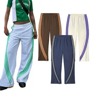 Özel düz bacak Sweatpants fermuar alt şerit boy Baggy gevşek Jogger Streetwear alevlendi pantolon erkekler kaburga çizgili pantolon