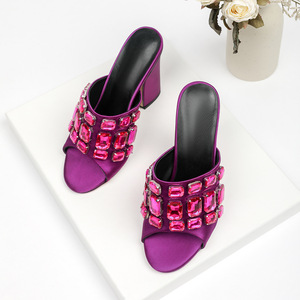 High Quality Silk Material Upper Crystal Square Heel Breathable Fashionable Comfortable Wedding Heeled Sandals <b>Shoes</b> - Product Image 5