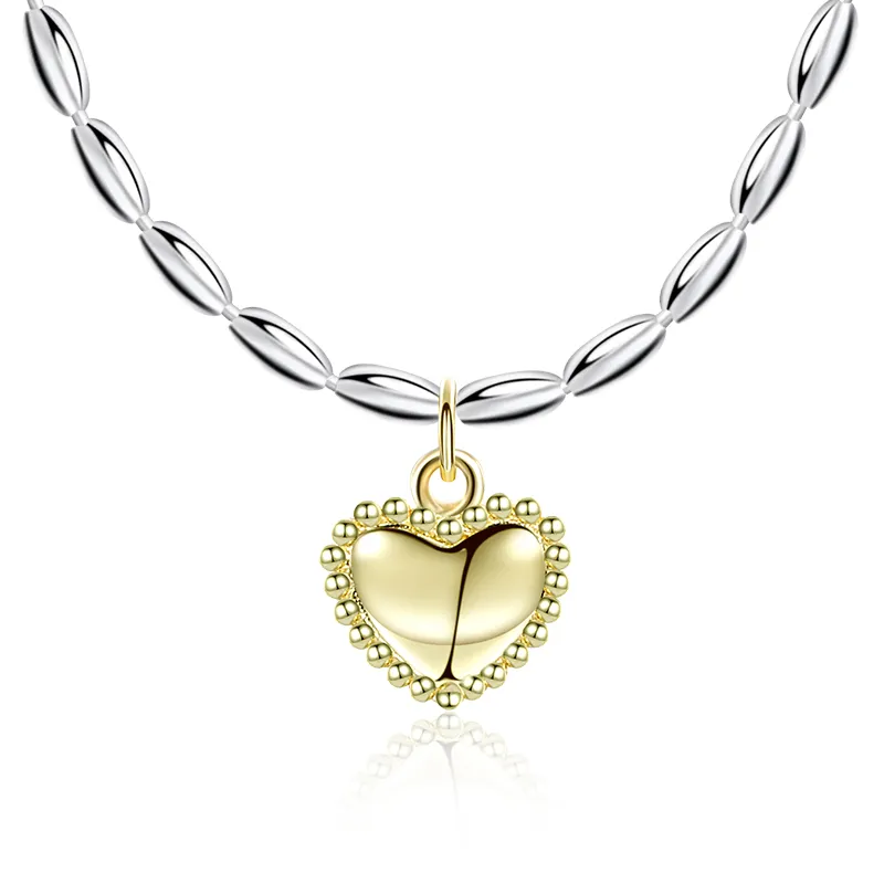 Collar de cadena de cuentas de plata 925 para mujer, colgante de corazón de oro de 18k Chapado en dos tonos, novedad