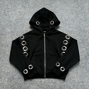 Hoodie unisexe oversize à épaules tombantes, coupe courte et carrée, avec design découpé à l'effigie d'un anneau en fer, imprimé, à fermeture éclair, pour fabricants de streetwear - Product Image 1